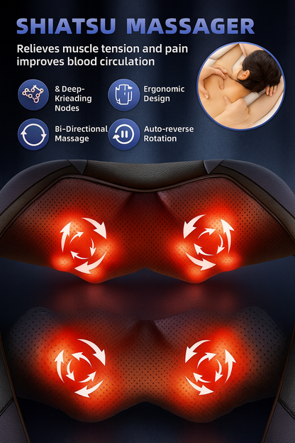 Shiatsu Neck & Back Massager with Heat – Electric 3D Deep Tissue Kneading Massage Pillow for Neck, Shoulder & Full-Body Pain Relief