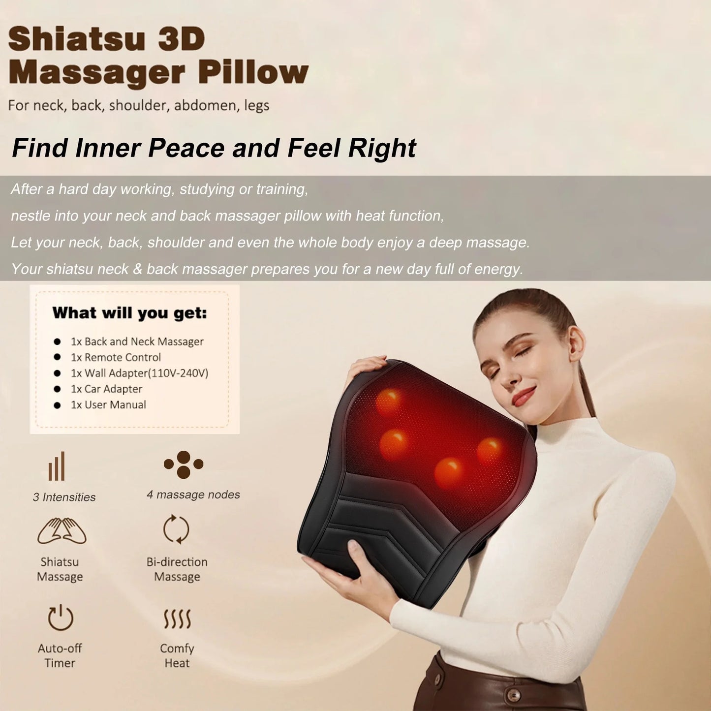 Neck & Back Massager with Heat — 3D Deep-Kneading Shiatsu Pillow, Black — Home Use & Gift for Mom & Dad